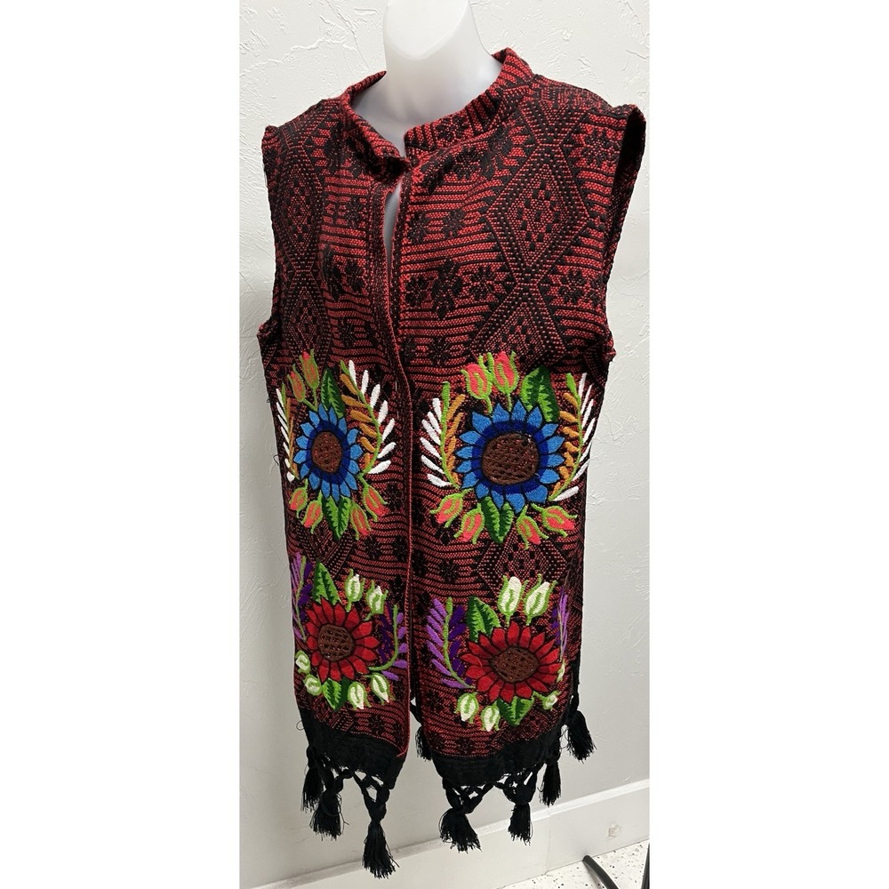 Mexican Embroidered Floral Vest One Size Boho Artisan Fringed Black Red